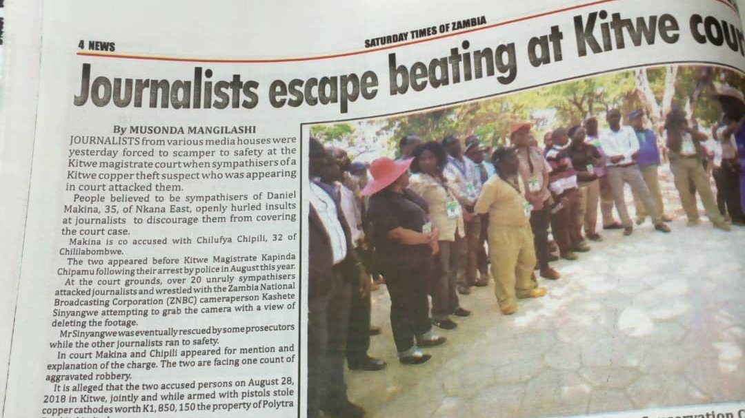Saturday Times of Zambia: Article captioned "Journalists escape beating"
